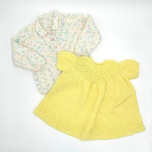 Vintage 1970s Handmade Baby Dress & Cardigan Set Yellow Knit Retro Infant